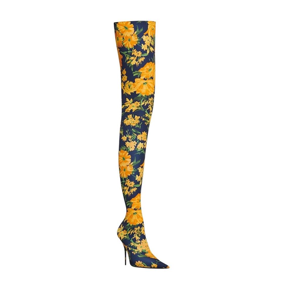 Balenciaga Floral Knife Boots Blue Yellow Matte Spandex Sz 40 Winter 2022 Rare